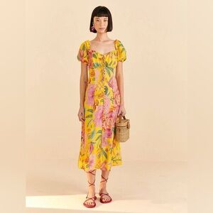 Farm Rio Macaw Bloom Yellow MIDI Dress